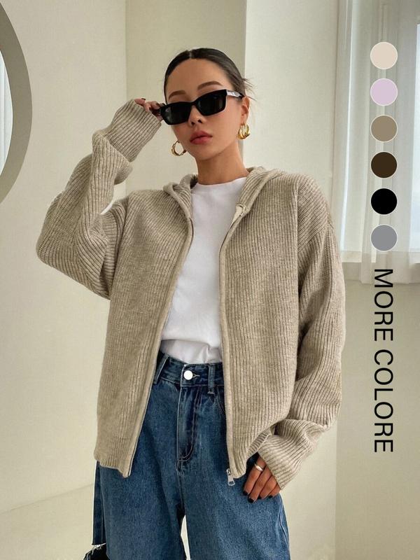 Women's Solid Zip-Up Hooded Sweater Cardigan, Casual Fitted Drop-Shoulder Long-Sleeve Everyday Cardigan, Women Knitwear for Fall & Winter Daily Wear