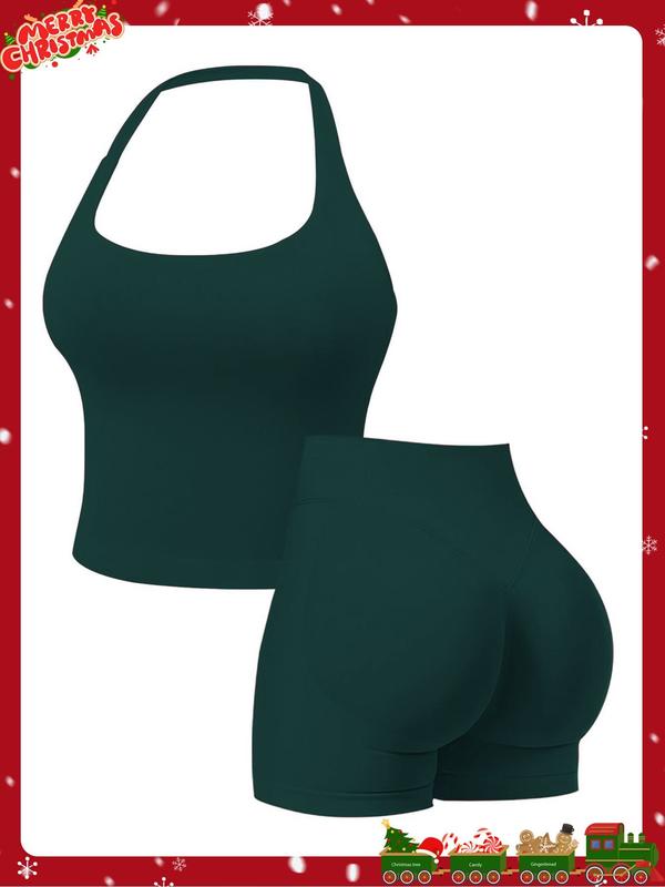 Seamless Workout Sets for Women, Halter Tank Top & Gym Scrunched Shorts Sports Set, Activewear Fitness, Sporty Breathable Quick Drying Outfits for Yoga Gym Workout Running, Ladies Sportswear for Summer