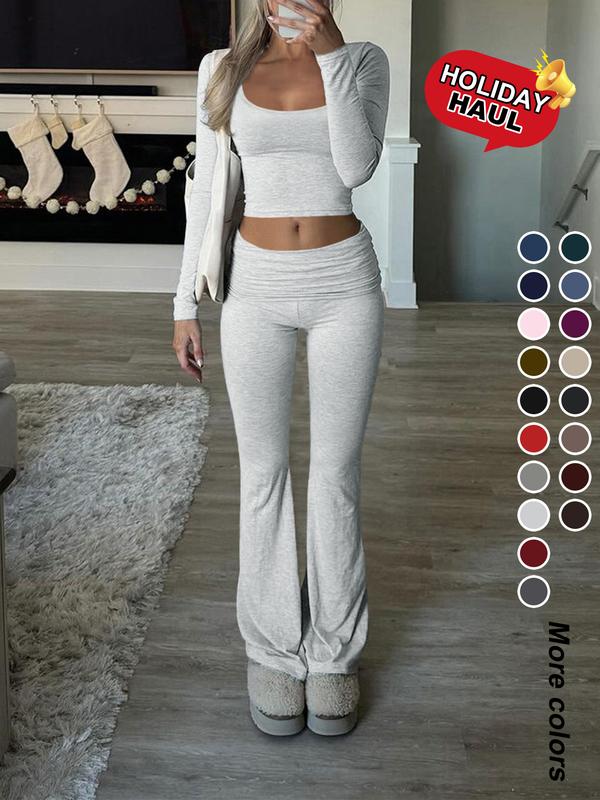 Women's Solid Color Square Neck Long Sleeve Crop Tee & Flare Leg Pants Two-Piece Set, Basic Casual Fashion Cozy Two Piece Outfits for Daily Outdoor Wear,Airport Outfit, Cropped Top