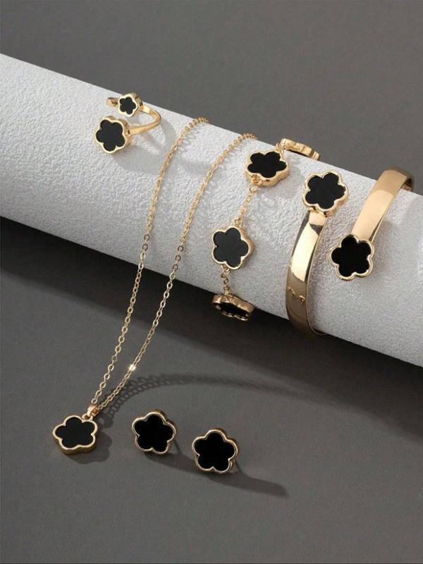 Flower Design Matching Jewelry Set, Fashionable Jewelry Set, Elegant Necklace & Bracelet & Bangle & Ring & Stud Earrings, Fashion Jewelry for Party, Daily Decor, Trendy All-match & Exquisite Jewelry for Birthday Gift