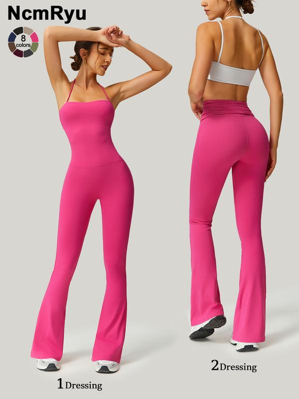 Women's Strapless Suspenders Flared Trousers Fitness Training Tights Sleeveless Yoga Trousers Peach Hip Sports Leggings Sexy Yoga Bodysuit Abdomen Tucking Fitness Quick Drying Outdoor Workout Suit Backless Sports Jumpsuit Yoga Jumpsuits