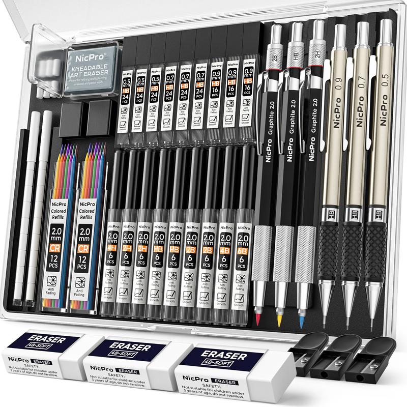 Nicpro Art Mechanical Pencil Set, Metal Drafting Pencil 0.5 mm & 0.7 mm & 0.9 mm & 3 Pack 2mm Lead Holder (6B 4B 2B HB 2H 4H Colors) for Sketching Drawing with Lead Refills Case