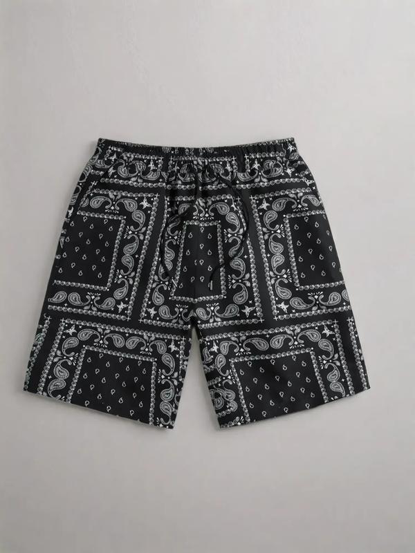 Men's Ethnic Pattern Pocket Drawstring Waist Shorts, Regular Fit Summer Beach Shorts, Menswear for Spring & Summer, Drippy Outfits, Lazy School Outfit, Daily Casual Shorts