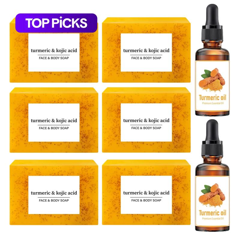 Lemon Turmeric & Kojic Acid Brightening Cleansing Soap & Turmeric Essential Oil with Soap Saver Bags, Moisturizing Skin Care Set for Women Men Face & Body Wash #GLOBAL PICKS
