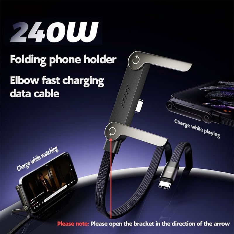 Invisible Holder Charger Cable with Stand, 240w super fast charging 2-in-1 Fast Charging Cord & Phone Stand for Gaming, Office, Car Travel, Compatible with Type-C charging cable Black