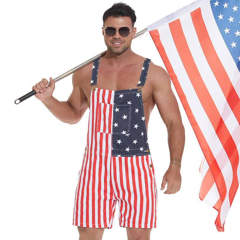 Yuanbang 4th of July American Flag Overalls for Men and Women USA 250th Anniversary Shorts Stretchy Denim Romper Memorial Day Coveralls Patriotic Gifts for Couples Memorial Day Workwear Summer Independence Day Jumpsuits Fashion Menswear Outdoor Outfits