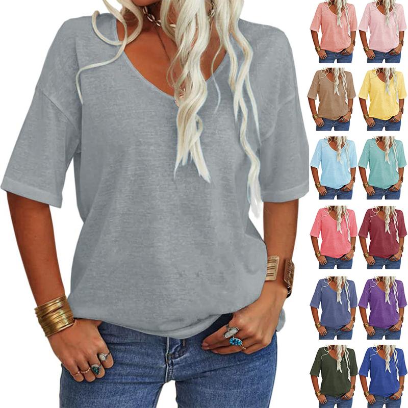 PiePieBuy Women's Women Soft V Neck Tshirt Half Sleeve Lightweight Solid Color Loose Fit Minimalist Top  Casual Comfortable Simple Womenswear shirts
