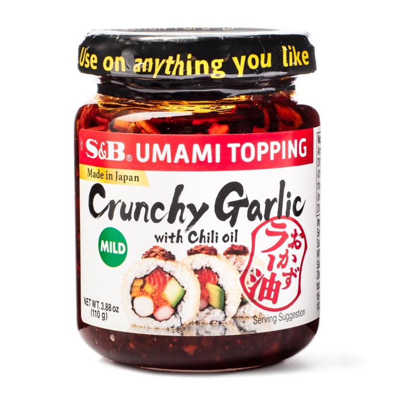 S&B Umami Topping Crunchy Garlic with Chili Oil, Mild and Spicy Flavor â 3.88 oz, Savory Umami Chili Oil Sauce Made in Japan Ramen Sushi