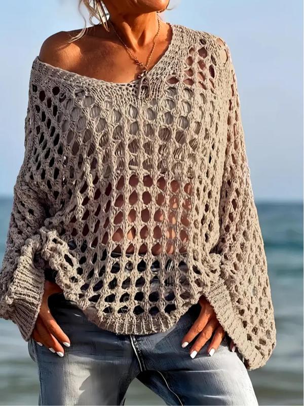Women's Casual Everyday Loose-Fit V Neck Top, Hollow Out Design, Polyester Knit Fabric, Hand Washable, All Season Wear, Knitwear, Summer