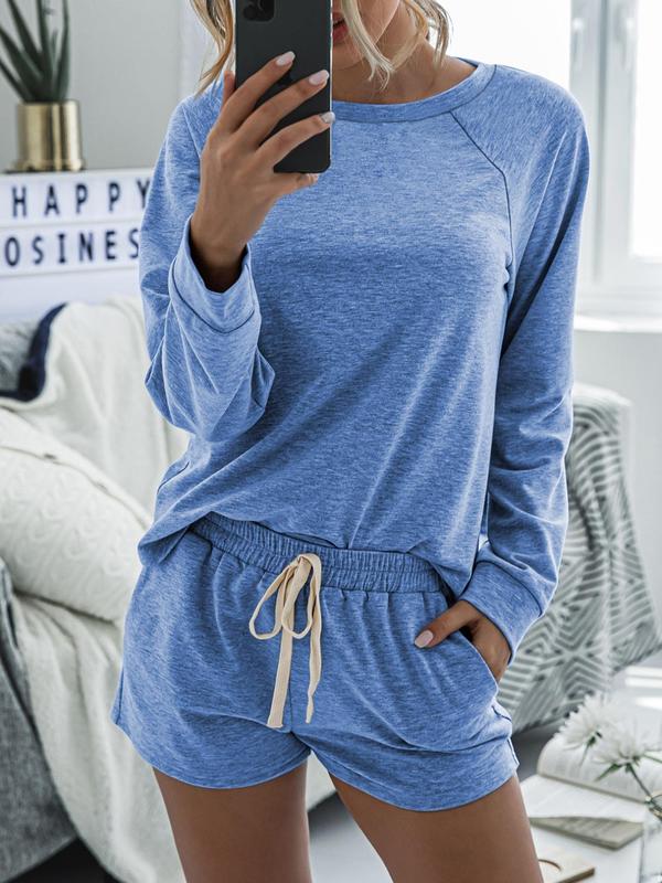 Women's Solid Raglan Sleeve Tee & Drawstring Waist Shorts Loungewear Two-piece Set Pajama Set, Casual Comfy Round Neck Top & Pocket Shorts PJ Set, Ladies Sleepwear for Spring & Fall