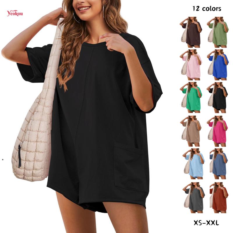 Yeokou Rompers for Women Casual Short Sleeve Oversized Athletic Workout Reversible Hot Shot Tee Romper Deep Pockets Womenswear Basic