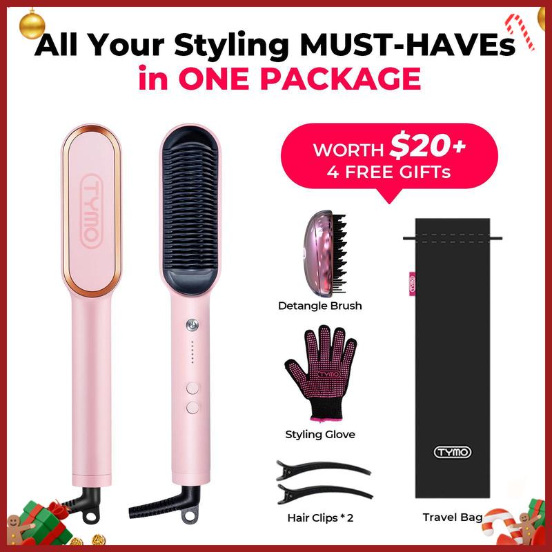 TYMO Ring Pink Hair Straightener Comb & Curling Iron, 5 Temp Settings, Dual Voltage, Fast Heating, 3D Brush Teeth, Anti-scald, Auto-off, Salon Styling Brush, Travel Bag, Best Gift Ideas