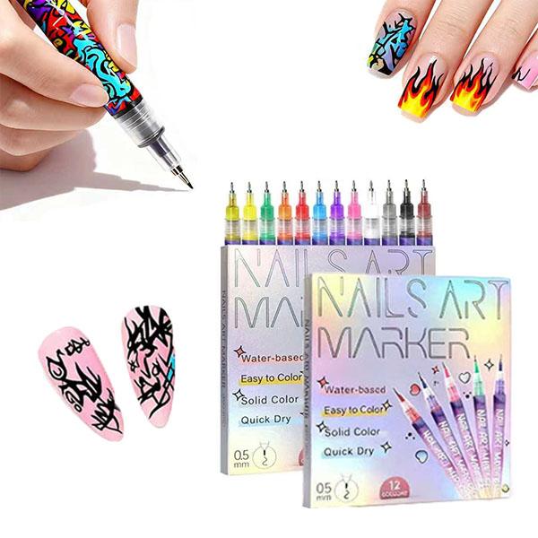 12-Color Nail Art Marker Set – Quick-Drying Acrylic Pens for DIY Manicures & Easy 3D Designs, Ideal for Beginners