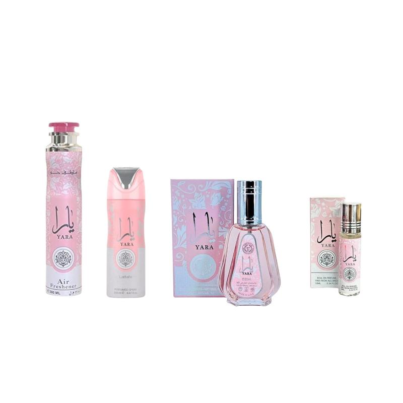 Lattafa Women's 4-Piece Yara Fragrance Set - EDP Spray, 50ml Yara Perfume, 300ml Air Freshener, 200ml Body Spray, 10ml Oil - Orchid-Gourmand Accord, Vanilla, Creamy Sweet Musky - Ideal Gifts, Birthday Gifts for GF