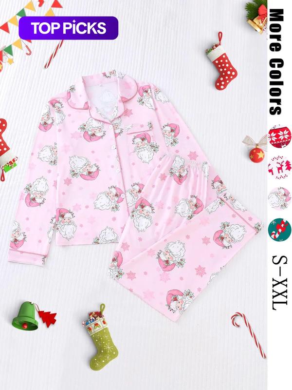 【Christmas】Women's Christmas Pajama Set, Snowflake Deer Print, Long Sleeve Button-Up Top & Elastic Pants, Casual Home Wear, S-XXl Sizes