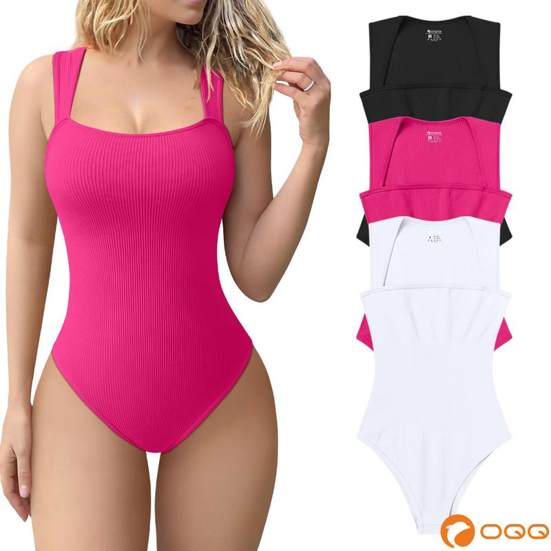 OQQ Women's 3 Piece Ribbed Bodysuits - Sexy Square Neck Sleeveless Tank Top Design - Stretchy  Soft Womenswear Underwear Lady Comfort Trendy Girl Party Summervibes