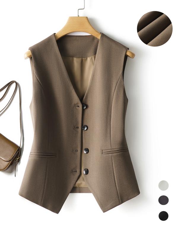 Women's Solid Button Front Vest Blazer, Fitted Elegant V Neck Pocket Suit Vest For Work Office Business, Ladies Spring & Fall Clothes, Modern Easy Wear