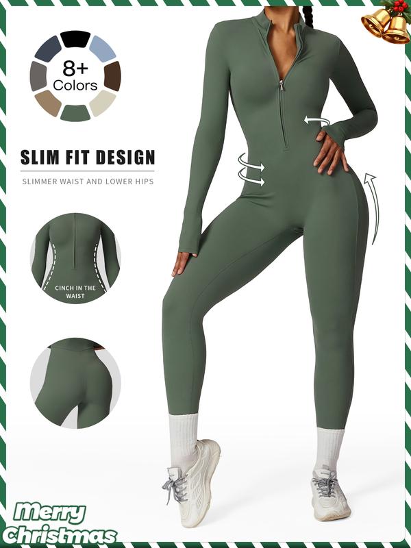 Women's Solid Zip Up Long Sleeve Sports Jumpsuit, Casual Sporty Comfy Jumpsuit for Yoga Gym Workout, Ladies Sportswear for All Seasons, All Season Activewear