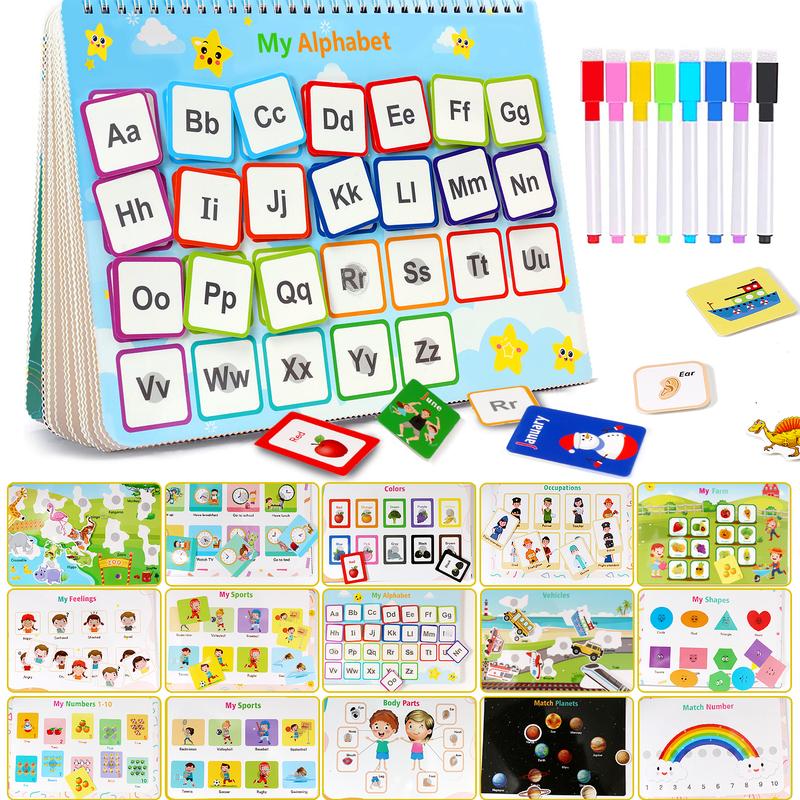 Montessori Busy Book Preschool Learning Activity Book for Toddlers 32 & 35 Themes Alphabets Educational Learning Tools with 8 Colored Pens and Storage Bag