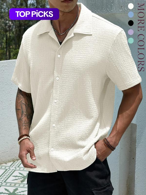 Men's Textured Button Front Shirt, Casual Classic Regular Fit Short Sleeve Collared Top for Summer, Summer Leisure Top 2024, National Day Clothing, Men's Clothes for Daily Wear