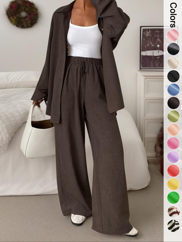 Women's Casual Sporty Shirt and Long Pants Set, Loose Button-Up Top and Wide-Leg Pants Two-Piece Set, Comfortable and Stylish