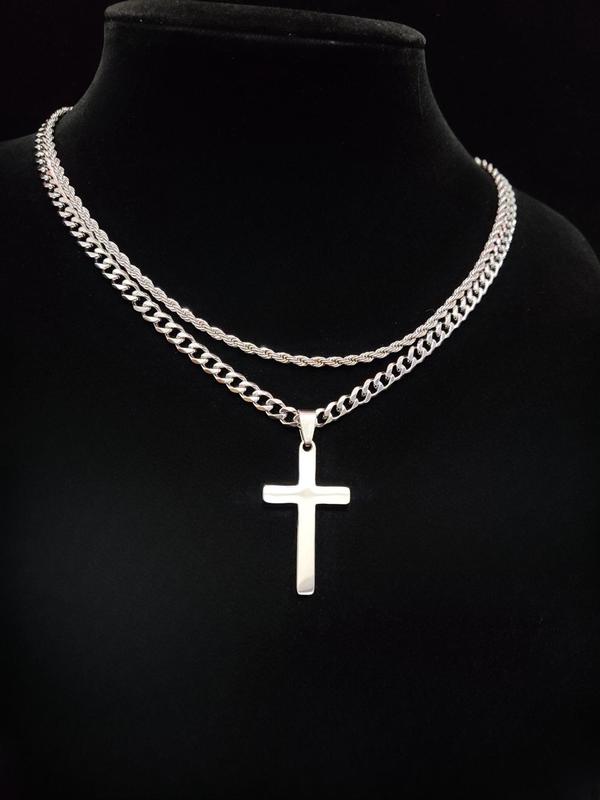 Cross Pendant & Cuban Chain Necklace Set for Men & Women, Cross Necklaces, Cuban Link Necklace, Stainless Steel Jewelry for Party, Daily Clothing Decor, Trendy All-match, Modern Versatile Accessories & Exquisite Jewelry for Birthday Gift