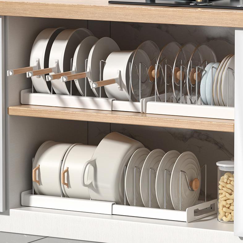 Expandable Pot and Pan Organizer Rack for Cabinet, Pot Lid Organizer Holder with 7 Stainless Steel Adjustable Dividers for Kitchen Cabinet Organizer and Storage (White)