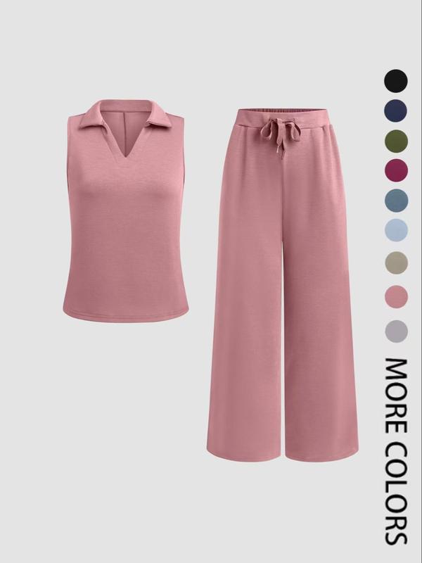 Women's Basic Solid Color Fitted Tank Top & Wide Leg Cropped Pants Two-piece Set, Casual Sleeveless Top & Drawstring Waist Cropped Pants for Daily Wear, Ladies Two-piece Outfits for All Seasons, Casual Lounge Set, Womenswear