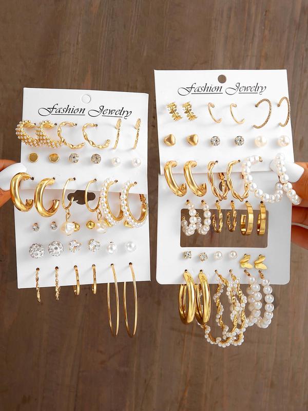 Mixed Shape Elegant Rhinestone & Faux Pearl Decor Dangle Earrings Set, Fall Geometry Hoop Earrings Set, Fashion Vintage Jewelry for Women & Girls for Back To School, Fall Freshness, Girlfriend Gifts