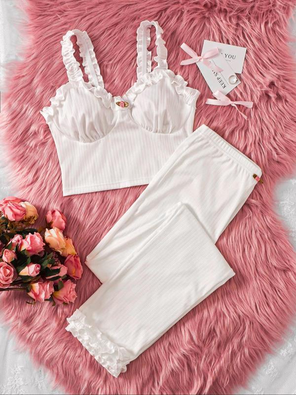 Women's Frill Trim Backless Crop Cami Top & Elastic Waist Pants Pyjama Set, Casual Comfy Sleeveless Top & Flower Decor Trousers PJ Set, Ladies Sleepwear for All Seasons