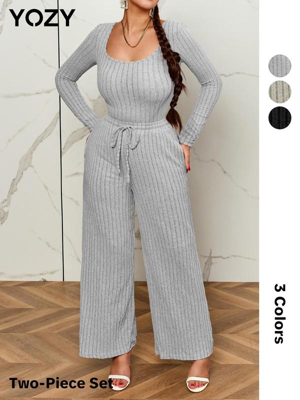 YOZY Ribbed Square Neck Bodysuit & Drawstring Waist Pants Set/ Long Sleeve Bodysuit & Elastic Waist Wide Leg Trousers Set, 2024 Women's Fall & Winter Clothes, Fall & Winter Outfits