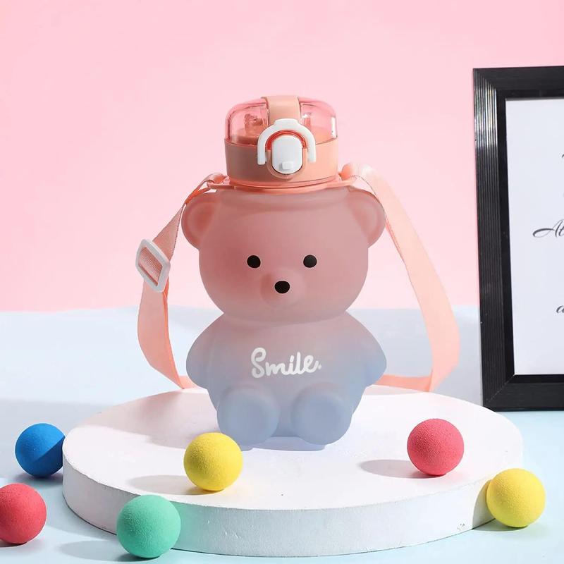 Cartoon Bear Design Water Bottle, Gradient Water Bottle with Straw, Bear Straw Bottle with Adjustable Strap, Portable Leakproof Drinking Cup, Camping Essentials