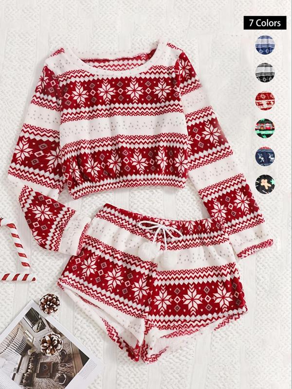 Women's Geometric Print Coral Fleece Loungewear Set, Fluffy Pajamas, Boho Long Sleeve Sleep Top & Pom Pom Decor Drawstring Shorts, Women's Sleepwear, Valentine's Day Gift for Girl