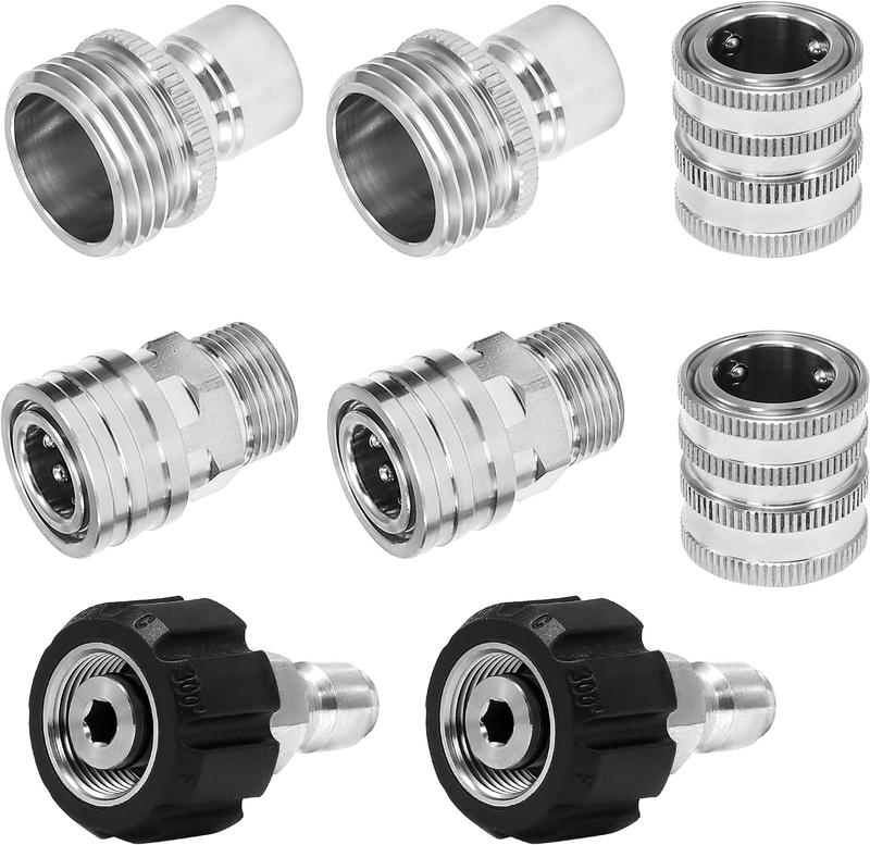 【fathersdaygift】M MINGLE 8-Piece Stainless Steel Universal Pressure Washer Adapter Set - M22 Swivel to 3/8 in Quick Connect, 3/4 in to Quick Release Fittings for Secure Hose Connections