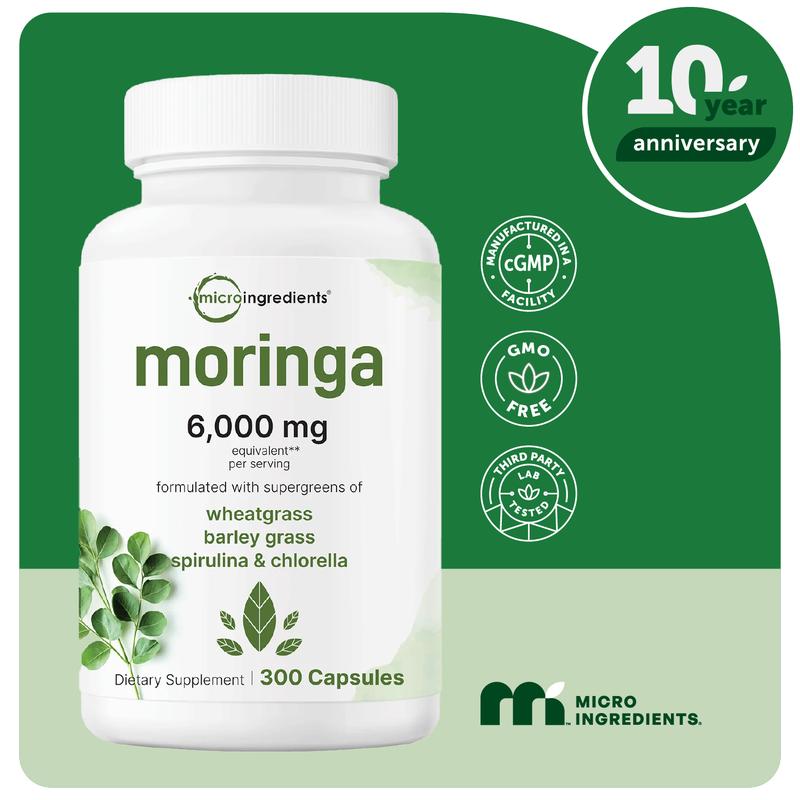 Moringa Oleifera, 300 Capsules with Supergreens Blend of Wheatgrass, Barley Grass, Spirulina, & Chlorella