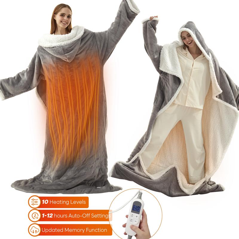 【Black Friday】DOWNCOOL Wearable Electric Heated Blanket with Sleeves & Hood & Foot Pockets Flannel Sherpa Blanket for Adults Heated Blanket with 1-12 Hours Auto-off & 10 Heat Settings 50x70 Inch electric heating for Bedroom Home