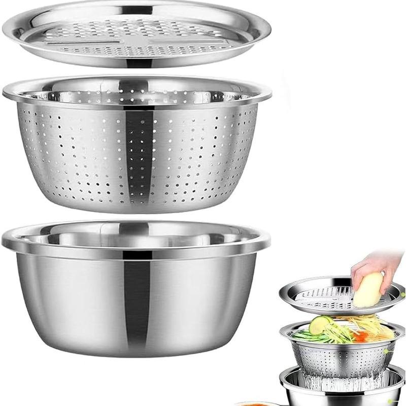 【Summervibes】3-In-1 Stainless Steel Multi-Functional Strainer Set, Includes Basin/sieve/cutter, Ideal for Washing Rice Fruits Vegetables Kitchen Essentials