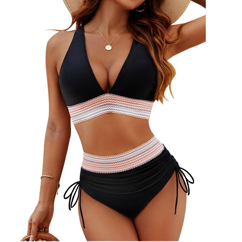 Blooming Jelly Women 2-pieces Stylish mom High Waisted Bikini Sets Tummy Control Swimsuits with Adjustable Wide Shoulder Straps Color Block  Drawstring Bathing Suit