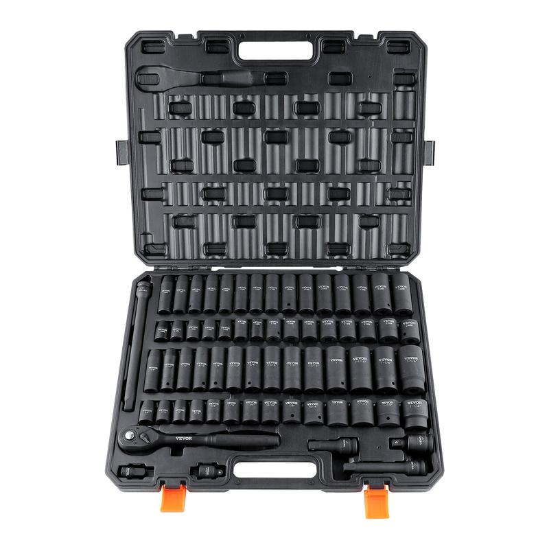 VEVOR 1/2" Drive Impact Sockets Set, 65-Piece Socket Wrench Set with SAE 3/8"-1-1/4" & Metric 10-24mm 6-Point Cr-V Alloy Steel, Car Tools for Auto Repair, Heavy-Duty Storage Case, Easy-to-Read Markings, Rugged Build