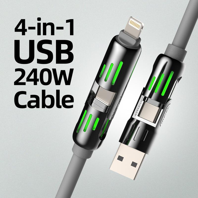 4-in-1 USB Charging Cable, fastcharging cable MAX 240W USB A+ TYPE C + Lightning Multi national aluminum alloy cable management 240W suitable for iPhone 15/14 Samsung Galaxy, Android Phones & Tablets iPad Pro Smartphone Cellphone Mobile