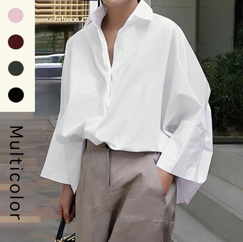 UOOZEE Women's Loose Oversized Collared Lapel Blouse - Polyester, Basic Chic Long-Sleeve Top, Comfortable Women's Clothes for Fit-Focused Commuting, Office Use, Pair with Jeans