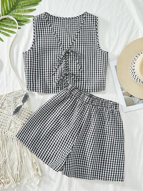 2-piece plaid striped sleeveless crop vest top and high-waisted loose shorts women's casual Summer suit Womenswear