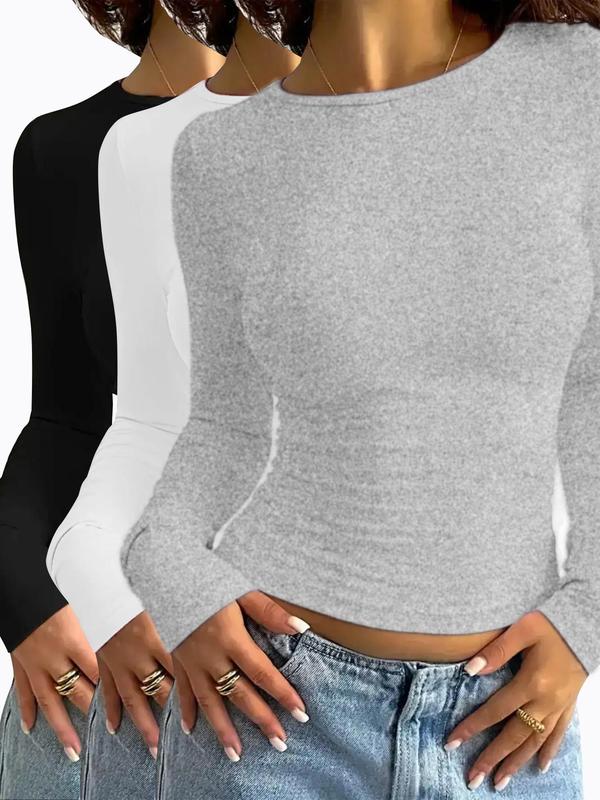 Women's Solid Round Neck Long Sleeve Slim Fitted Tee, Casual Minimalist Basic Style T-shirt for Daily Wear, Ladies Clothes for All Seasons, Cute Tops, Women's T Shirts, Womenswear, Everyday Tshirt, Fabric