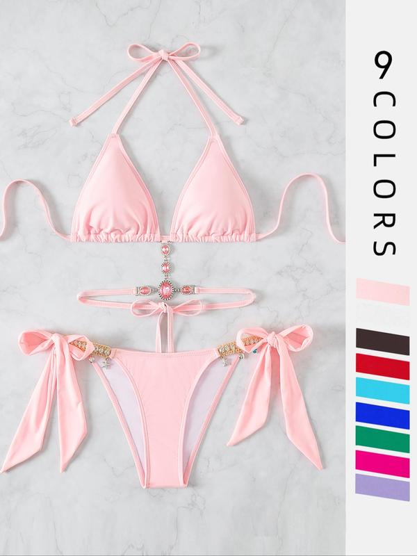 Women's Halter Tie Back Triangle Bra & Ring Linked Panty Bikini Set, Sexy Trendy Summer Swimsuit Set, Ladies Swimwear, Rave Outfits