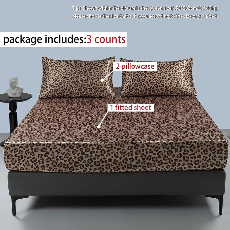 Satin Leopard Print Bedding Set, 3 Counts Including 1 Count Soft Comfortable Fitted Sheet & 2 Counts Pillowcase without Filler, Bed Linens, Room Accessories Bedding Supplies for Home Hotel, Bedroom Decor, Gift for Summer