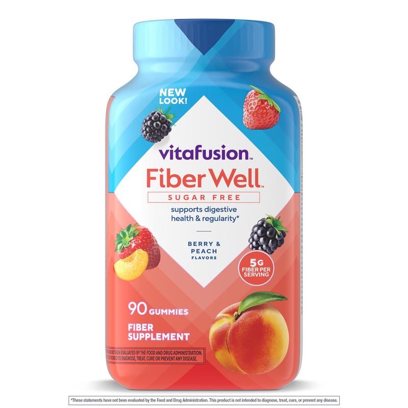 Vitafusion Fiber Well Sugar Free Gummies - 5g - Berry & Peach Flavor Fiber Gummies - Supports Digestive Health & Regularity - 90 Gummies