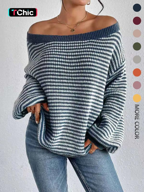Women's Striped Drop-Shoulder Sweater, Casual Bishop Sleeve Boat Neck Jumper for Daily Outdoor Wear, Ladies Knitwear for All Seasons, Womenswear, Tops, Knitted Sweater