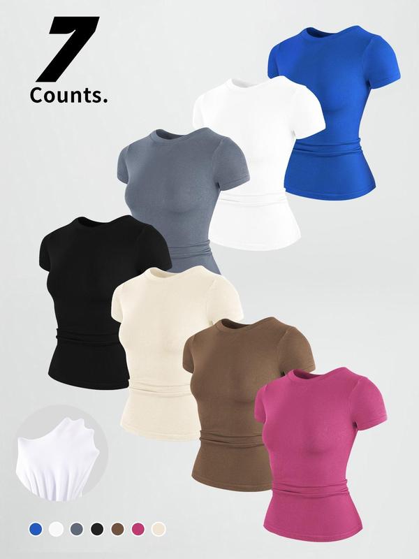 Women's Solid Color Round Neck Sports Tee, High Stretch Sporty Comfortable Breathable Workout Tops Crew Neck Short Sleeve T-shirt for Gym Workout, Ladies Sportswear for Summer, Athletic Top
