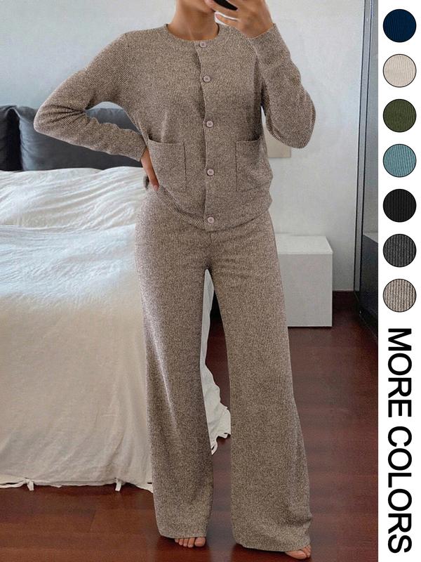 Women's Two-Piece Set, Womenswear Comfortable Fitted Round Neck Long Sleeve Knitted Sweater Set with Pockets, High Waist Versatile Wide Leg Pants, Perfect for Daily Wear