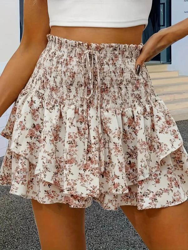 Women's Floral Print Woven Fabric Frill Trim Shirred Tiered Layer Shorts, Casual Boho Bohemian Lightweight Loose High Waist Tie Front Drawstring Wide Leg Shorts for Spring & Fall, Women's Bottoms for Daily Wear, 1 Piece Womenswear